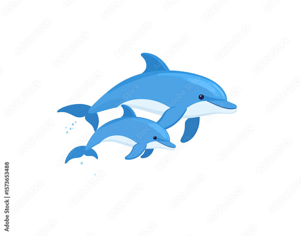 Obraz premium Cartoon Dolphins Mother and Baby Swimming Together with Water Bubbles.