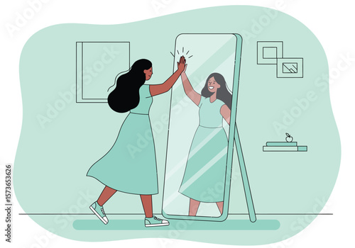 Woman Giving High Five to Her Reflection in a Mirror.