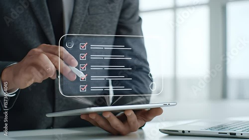 Wallpaper Mural Businessman Verifying Steps On Digital Tablet Hologram With Checkmarks In Office Shows Compliance In Modern Business Strategies And Regulations Torontodigital.ca