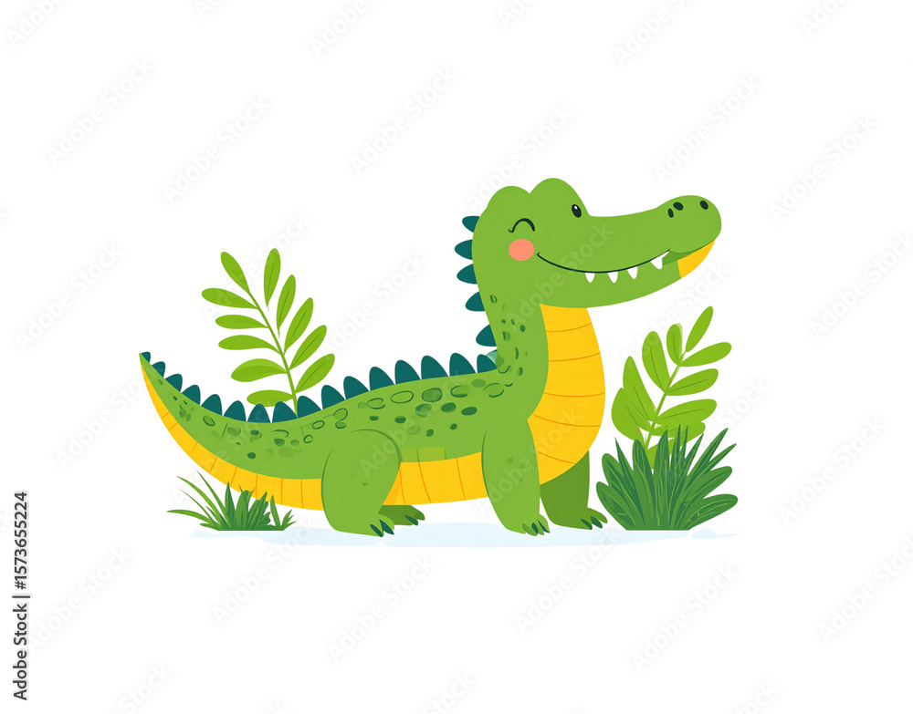 Fototapeta premium Cartoon Green Alligator with Yellow Underside and Spikes Illustration.