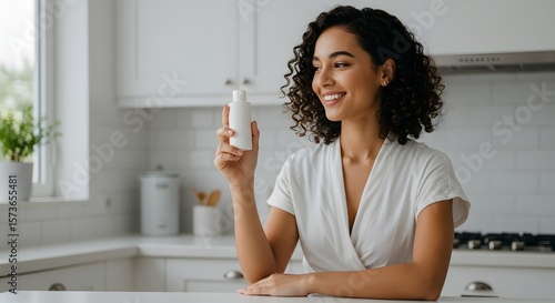 Happy Woman Holding Skincare Product in Kitchen