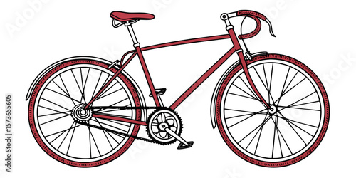 Vintage Bicycle: A classic red bicycle with a timeless design, perfect for a leisurely ride through scenic routes, embodying the spirit of freedom and eco-friendly transportation.
