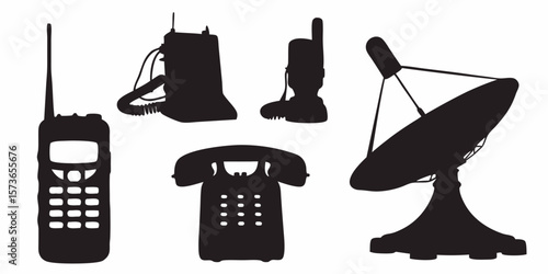 Evolution of Communication: A graphic silhouette of communication devices, from vintage landlines to modern satellite dishes, conveying the historical evolution and progress in communication.