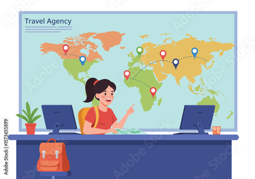 Smiling Travel Agent Pointing at World Map Routes.