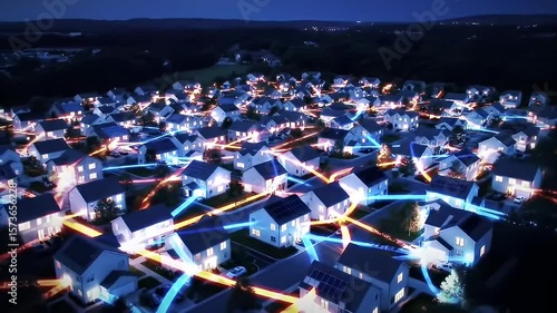 Wallpaper Mural Night aerial view of a neighborhood with glowing connections between the houses Torontodigital.ca