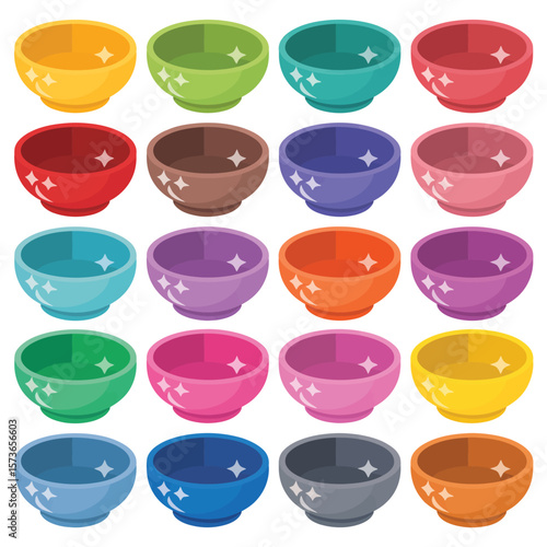 Collection of colorful ceramic bowls with star accents arranged in a grid pattern