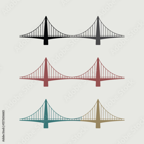 Three stylized suspension bridges in different colors on a neutral background