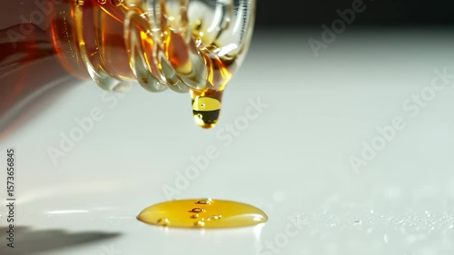 Wallpaper Mural Viscous, golden liquid pours from a clear container onto a stark white surface Torontodigital.ca