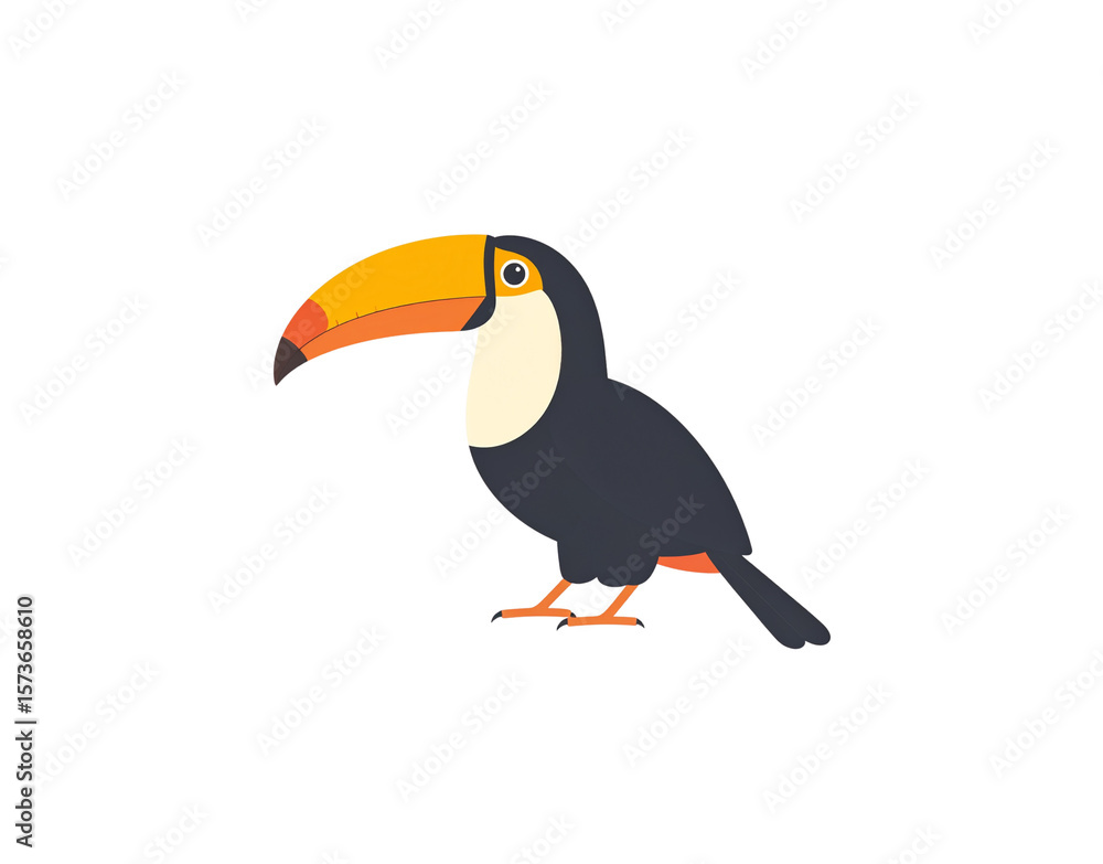 Naklejka premium Cartoon Toucan with Large Beak and Black Plumage Standing Sideways.