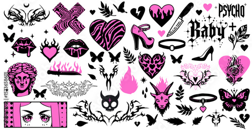 Vector illustration in bold Y2K and tattoo style, featuring gothic and alternative themes. Uses pink, black, and white, with motifs like hearts, butterflies, flames, lips, shoes, eyes, and knives.