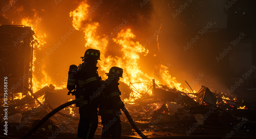 Fototapeta premium Defying the Flames: A Testament to Bravery as Firefighters Work Through the Heart of a Major Fire.