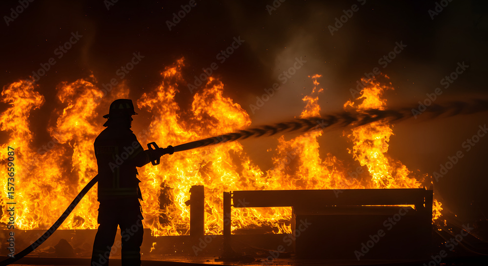Obraz premium Firefighters Silhouetted Against Blazing Inferno : Heroic Figures Battling a Destructive and Dangerous Fire