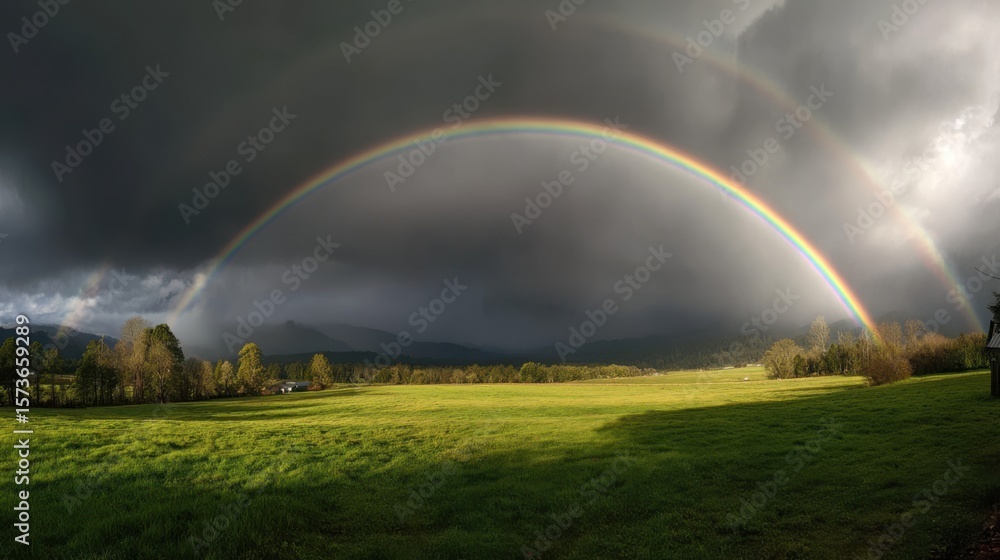 Fototapeta premium Bright double rainbow arching dramatically over a freshly rain-washed green meadow, dark storm clouds receding, sunlight breaking through.