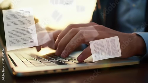 Close Up of Hands Typing on Laptop with Flying Documents in Sunlit Environment With Soft Focus Background and Golden Hues Emphasizing Productivity
