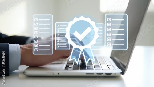 Close Up of Businessman Hands Typing on Laptop with Quality Control Assurance Certification Hologram in White Background for Adobe Stock