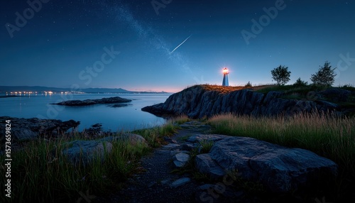 Lighthouse at night on a rocky coast