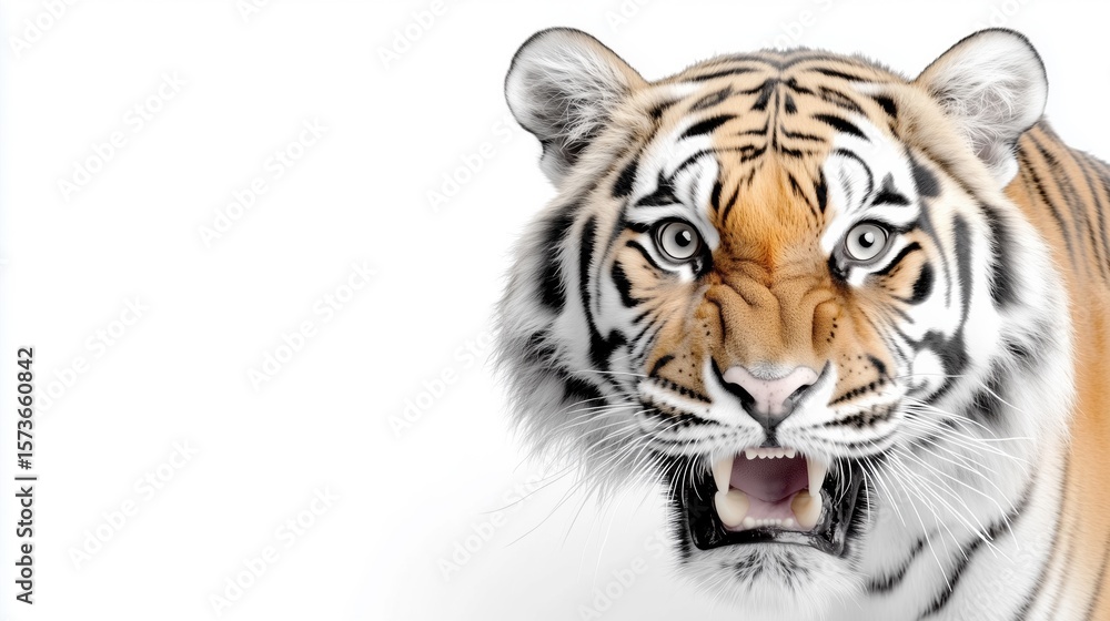 Obraz premium Close-up of the head of an aggressive tiger ready to attack. Wild animal in monochrome style. Scalp of a snarling animal. Illustration for cover, card, interior design, poster, brochure, presentation.