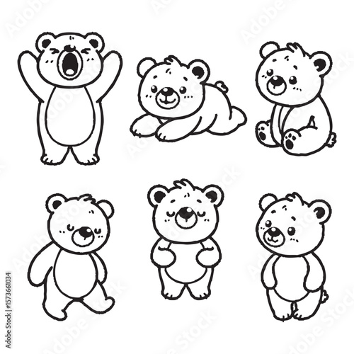 Set of cute bears in various poses with hand-drawn vector illustrations. Doodle line art style, isolated and easy to use for creative projects and designs.