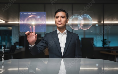 Asian Businessman Interacting with Holographic Interface Displaying Performance Metrics in Modern Office
