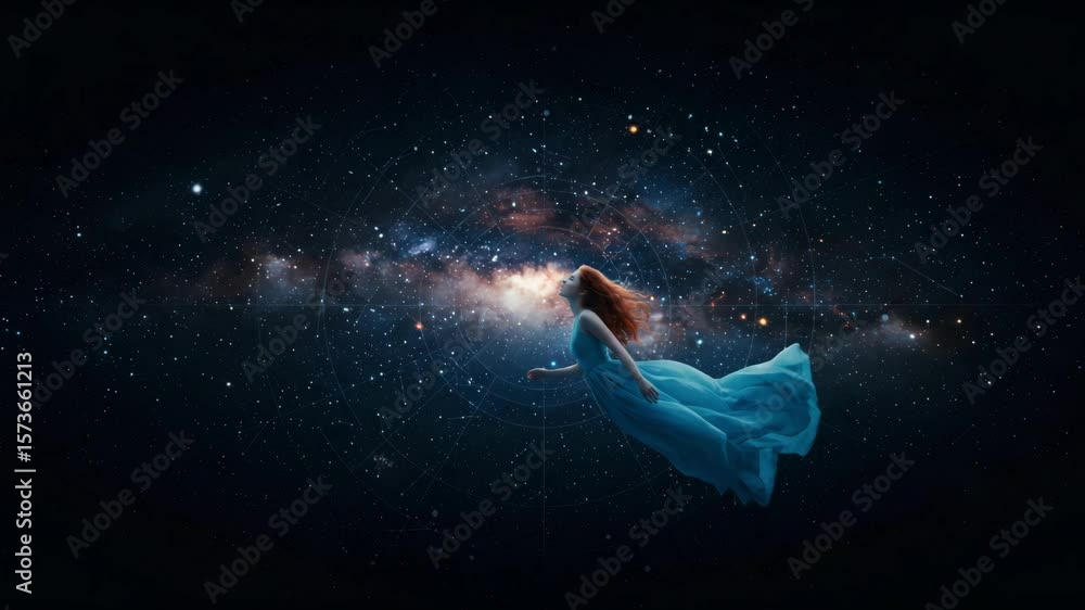 A wide view of a female figure in a soft blue gown floating gracefully in front of a dense star field, resembling a dream sequence. A wide view of a female figure in a soft blue gown floating gracefully in front of a dense star field, resembling a dream sequence.