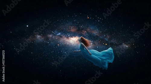 Wallpaper Mural A wide view of a female figure in a soft blue gown floating gracefully in front of a dense star field, resembling a dream sequence. Torontodigital.ca