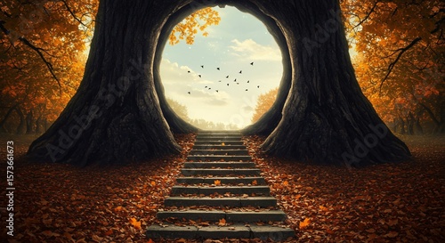 Autumnal portal with stone steps and golden leaves in a serene forest setting