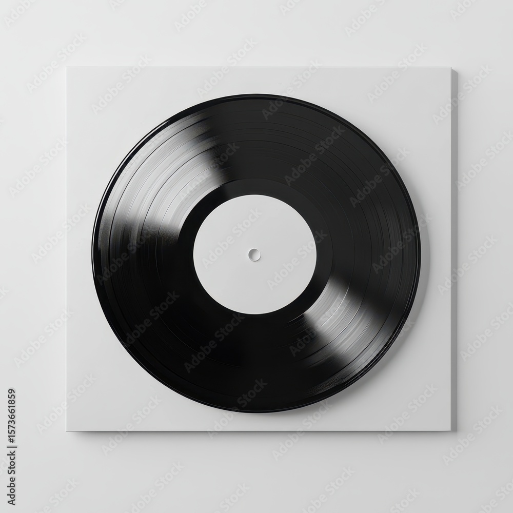 Obraz premium Clean overhead view of a black vinyl record with a white label on a white background