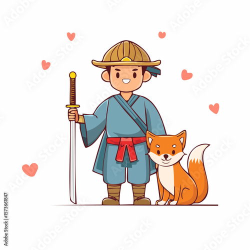 A heroic cartoon samurai character with a loyal animal companion (fox or hawk) standing besi