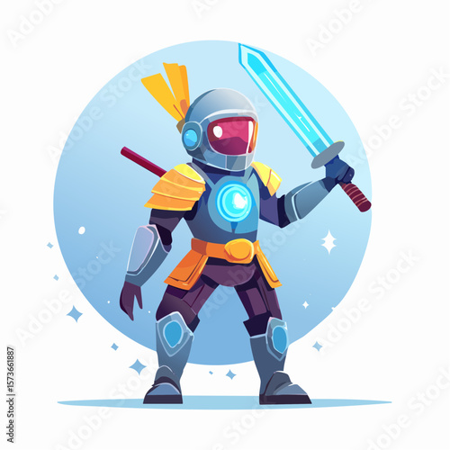 A sci-fi inspired cartoon samurai in high-tech armor with neon lights, robotic limbs