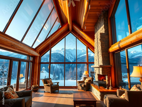 Snowy Mountain Cabin with Scenic Window View, No 036 – AI Generated