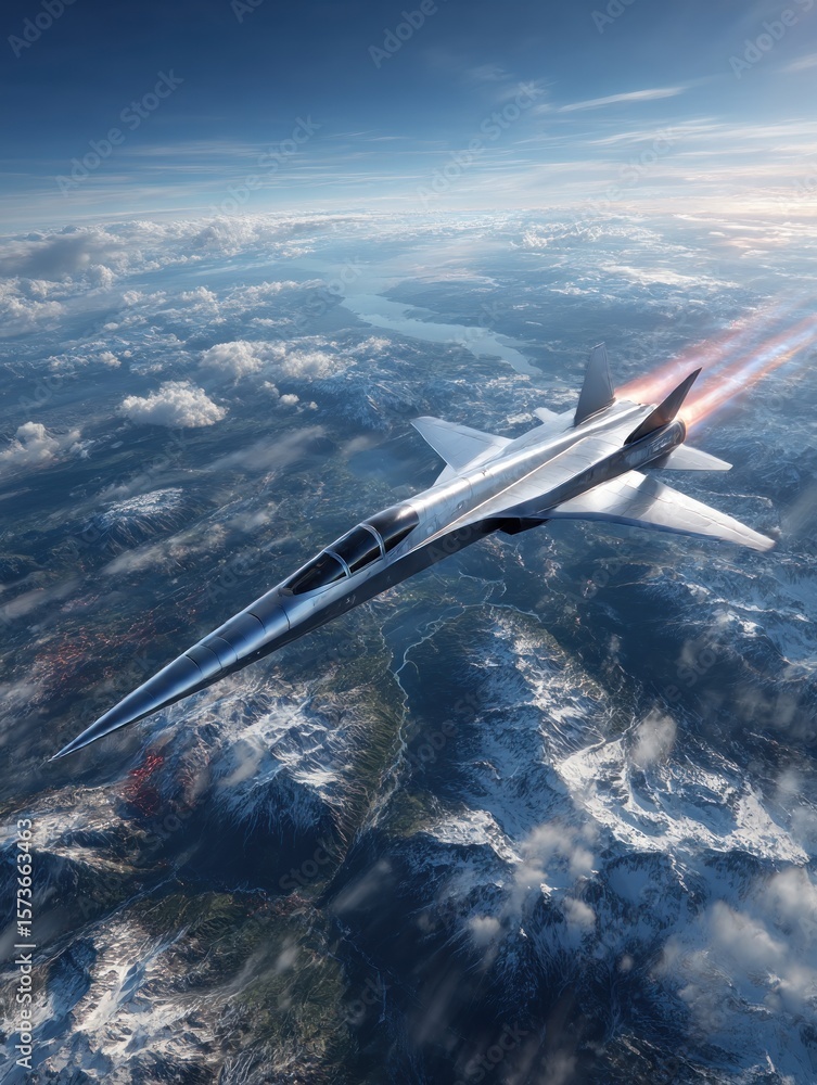 Fototapeta premium Futuristic jet plane high above mountains