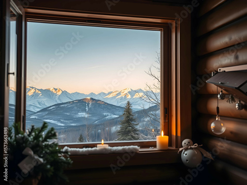 Snowy Mountain Cabin with Scenic Window View, No 033 – AI Generated