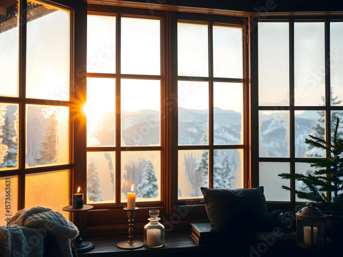 Snowy Mountain Cabin with Scenic Window View, No 032 – AI Generated