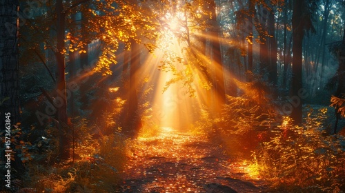 Forest path with sun rays beaming through trees, lighting the ground