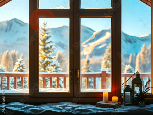 Snowy Mountain Cabin with Scenic Window View, No 030 – AI Generated