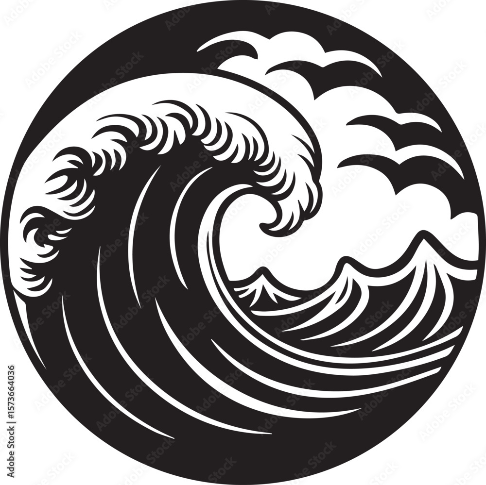 Fototapeta premium sea wave round silhouette vector illustration, sea wave round icon black and white