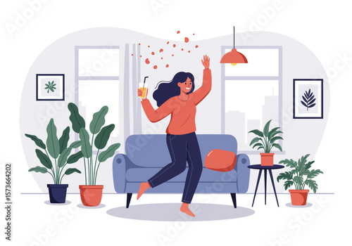 Joyful Woman Celebrating with Drink Raising Hand and Jumping in Home Interior.