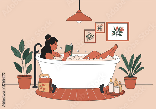 Woman Relaxing in a Bathtub Reading a Book with Candles and Plants.