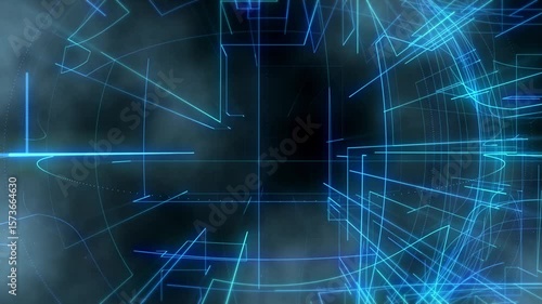 Abstract background with glowing particles and light lines. Animation rotation of optical fiber wires