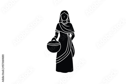 Bangladeshi pot carrier woman in folk form traditional art vector art illustration