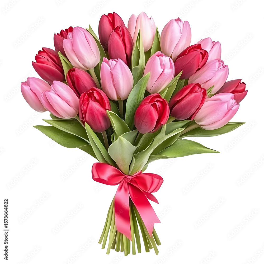 Fototapeta premium A beautiful bouquet of pink and red tulips tied with a satin ribbon isolated on transparent background