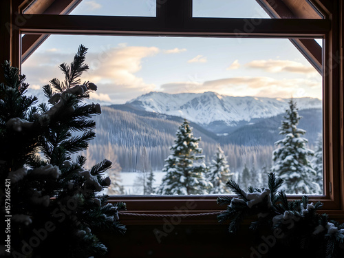 Snowy Mountain Cabin with Scenic Window View, No 021 – AI Generated