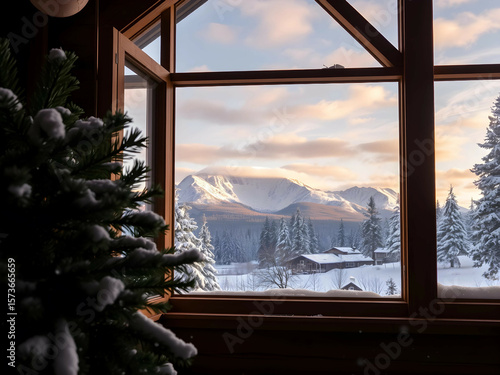 Snowy Mountain Cabin with Scenic Window View, No 018 – AI Generated