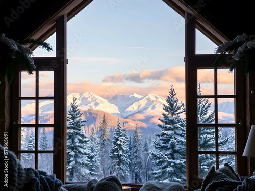 Snowy Mountain Cabin with Scenic Window View, No 017 – AI Generated