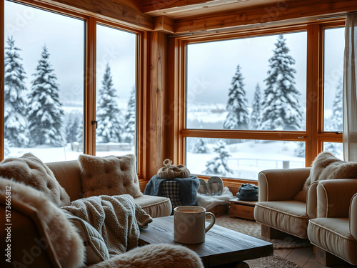Snowy Mountain Cabin with Scenic Window View, No 016 – AI Generated