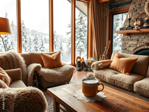 Snowy Mountain Cabin with Scenic Window View, No 014 – AI Generated
