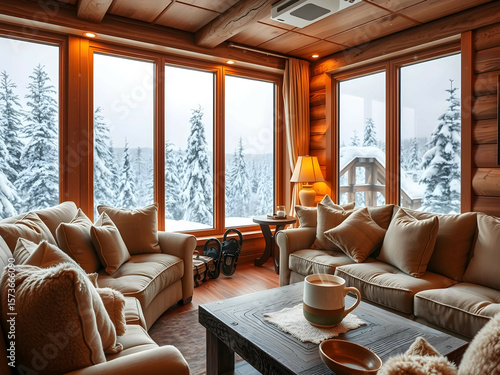 Snowy Mountain Cabin with Scenic Window View, No 013 – AI Generated