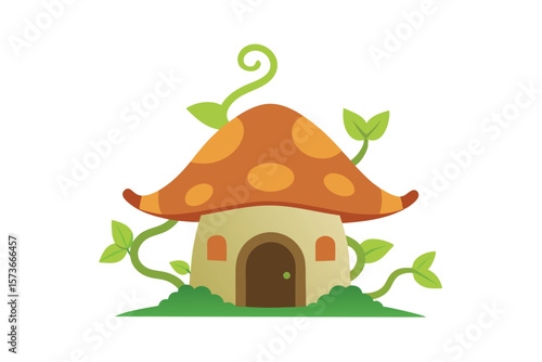 Dreamy mushroom hut with vines wrapped around chimney magical dwelling vector art illustration