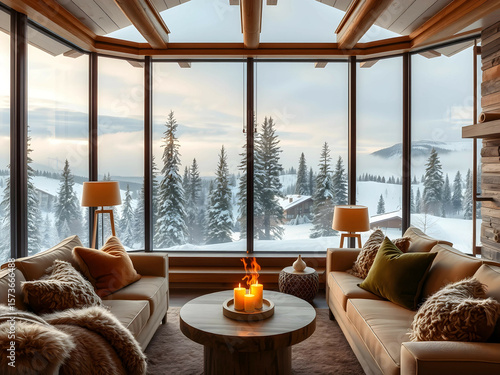 Snowy Mountain Cabin with Scenic Window View, No 010 – AI Generated