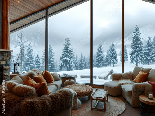 Snowy Mountain Cabin with Scenic Window View, No 011 – AI Generated